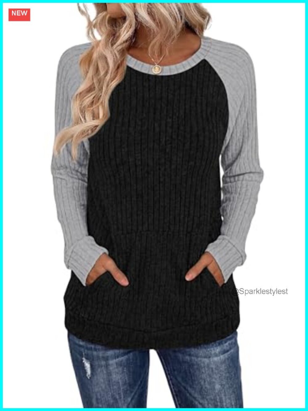 Womens Long Sleeve Tunic Sweater with Pocket Color Block Ribbed Knit